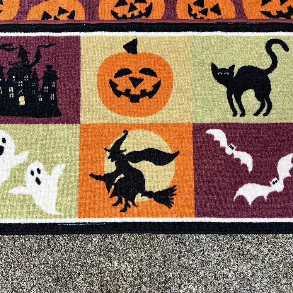 Lot of 2 Halloween Accent Rugs Doormats Pumpkins, Ghosts, Witch, Black Cat 45x26